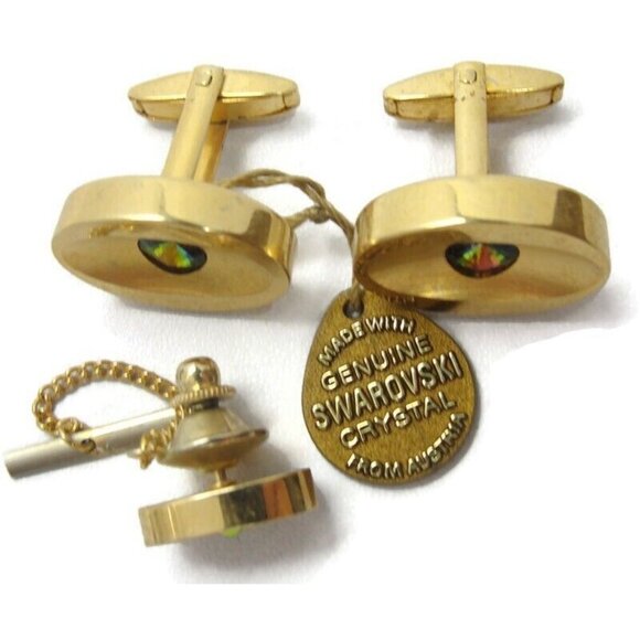 Sarah Coventry Cufflinks Set Swarovski Crystal Gold Tone Wedding Tux Vintage - Picture 3 of 13